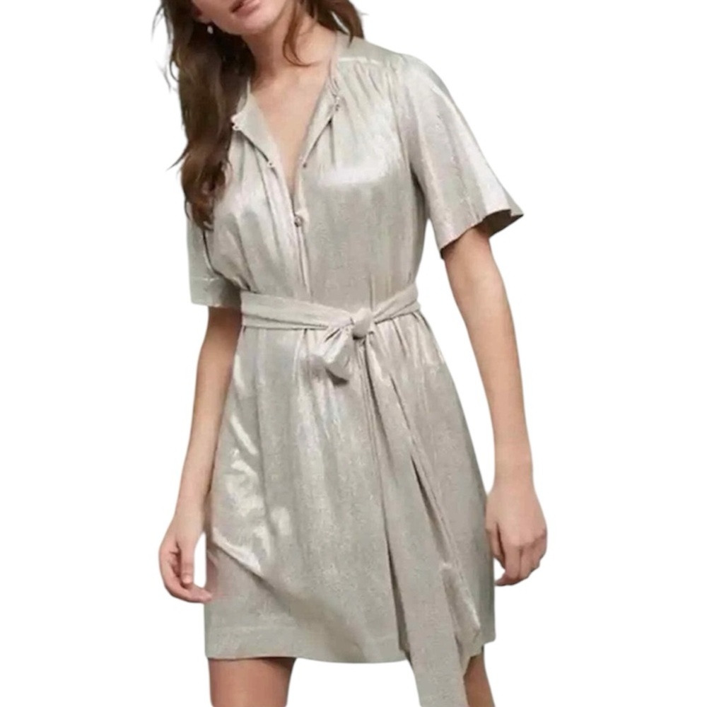 Sabina Musayev Gold Metallic Shimmery Beige Dress size L